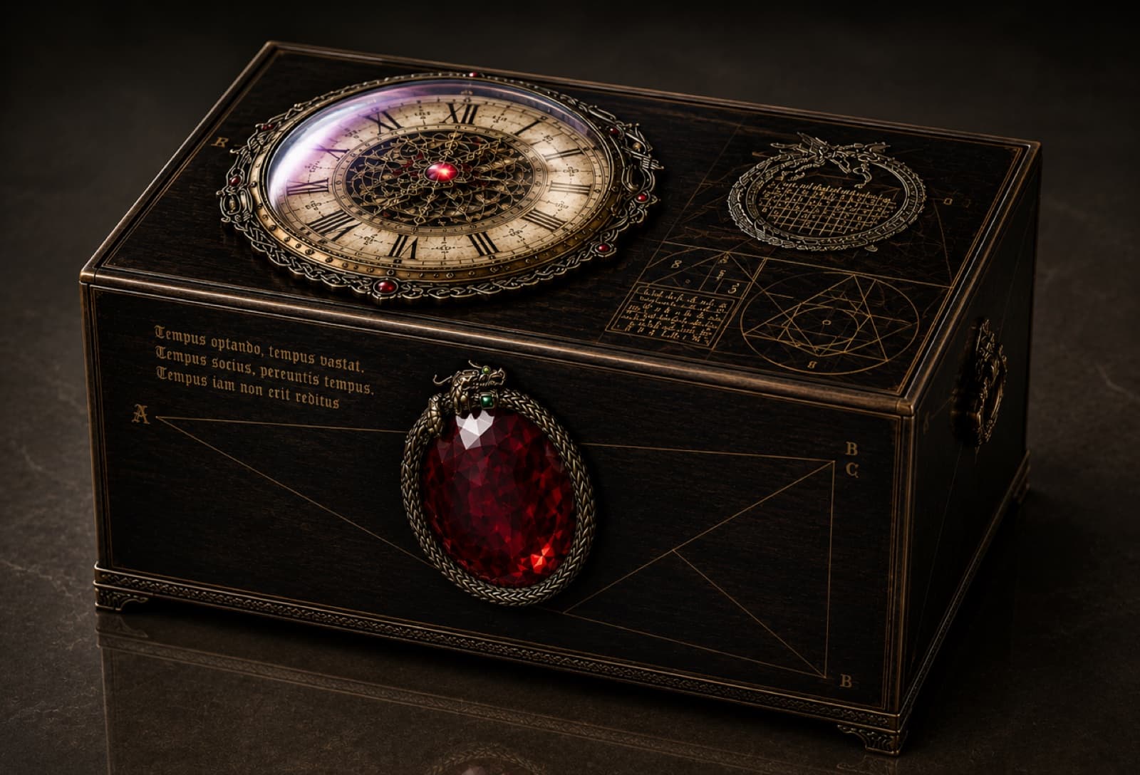 Caja antigua con reloj, geometrías y rubí granate